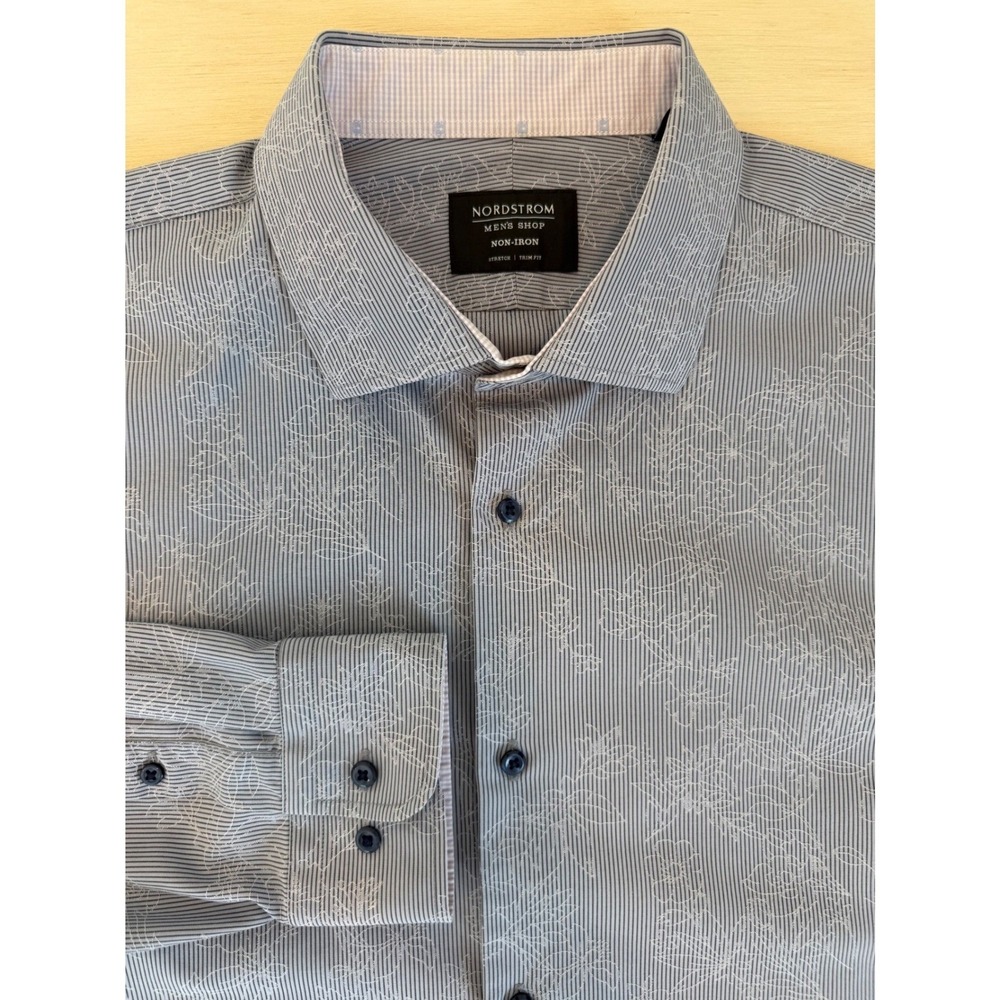 Nordstrom Mens Shop Non-Iron Trim Fit Floral Stripe Button Down Shirt Blue XL
